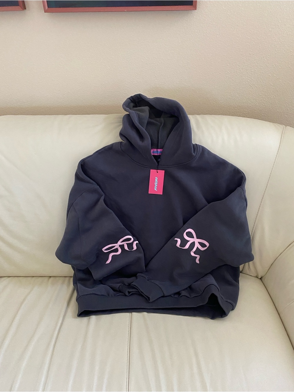 Edikted Dark Gray Hoodie with Pink Sleeve Bows - Picture 3 of 8